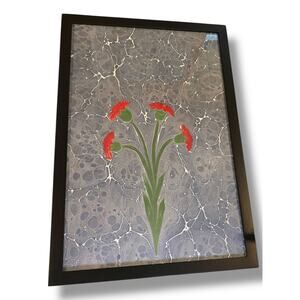 Turkish Ebru Painting Marbling Framed Flowers 17.5" x 11.5" Red Blue